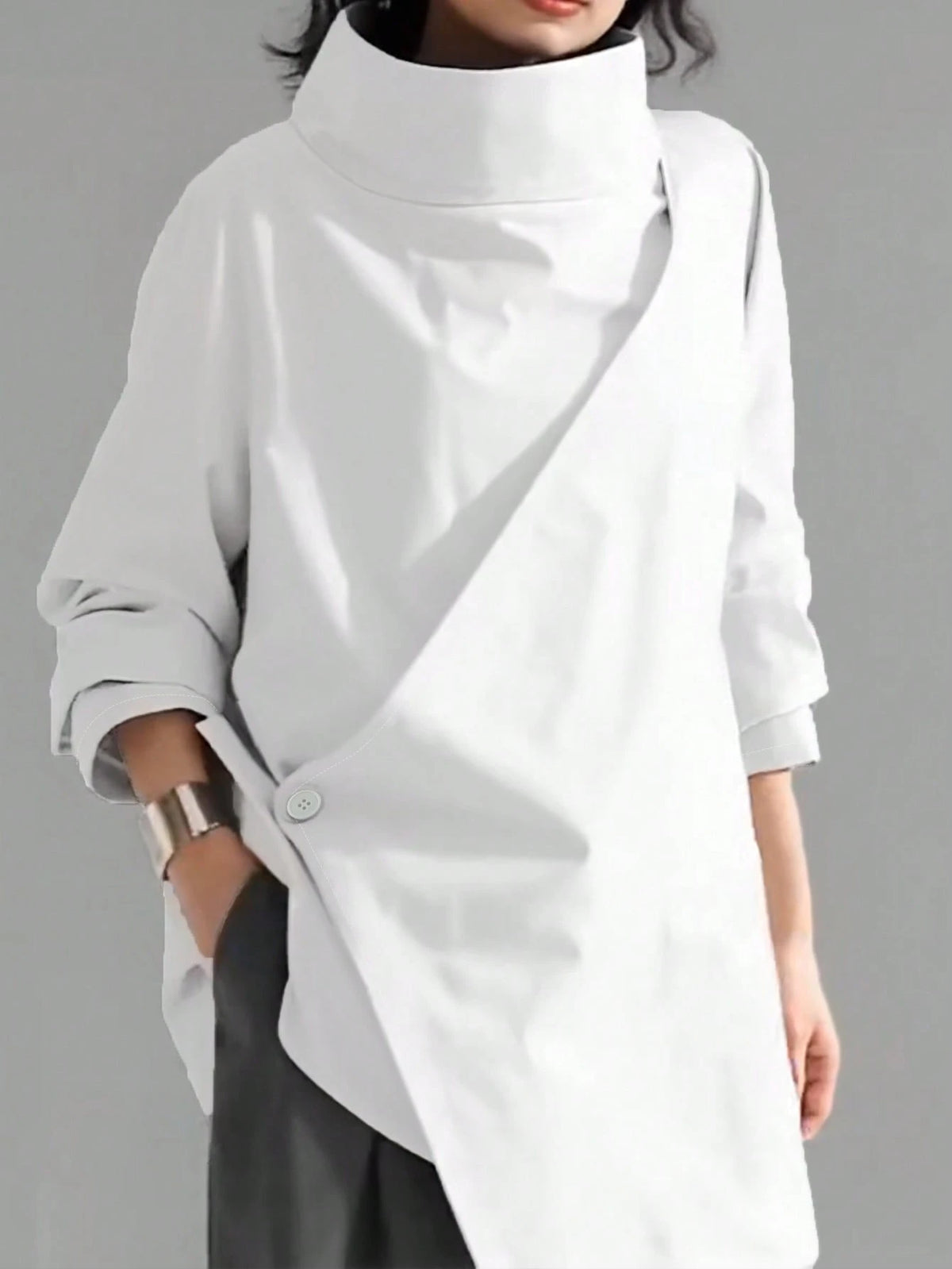 Women's Casual High Neck Loose Pullover Sweater, Solid Color Woven Fabric, Button Decor, Suitable For Office, Daily Wear, Vacation, Spring/Autumn White
