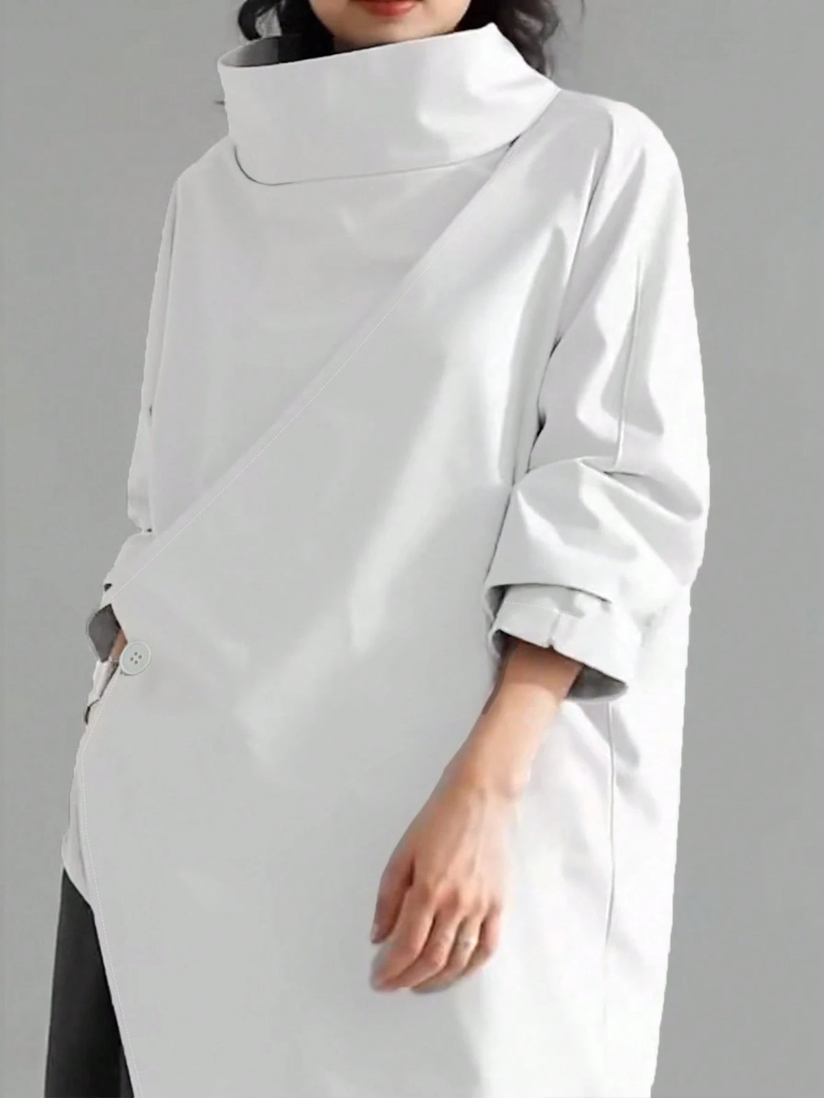 Women's Casual High Neck Loose Pullover Sweater, Solid Color Woven Fabric, Button Decor, Suitable For Office, Daily Wear, Vacation, Spring/Autumn White