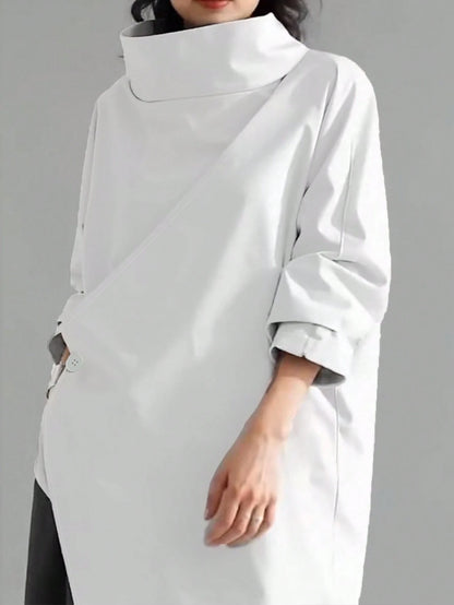 Women's Casual High Neck Loose Pullover Sweater, Solid Color Woven Fabric, Button Decor, Suitable For Office, Daily Wear, Vacation, Spring/Autumn White