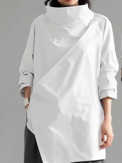 Women's Casual High Neck Loose Pullover Sweater, Solid Color Woven Fabric, Button Decor, Suitable For Office, Daily Wear, Vacation, Spring/Autumn White