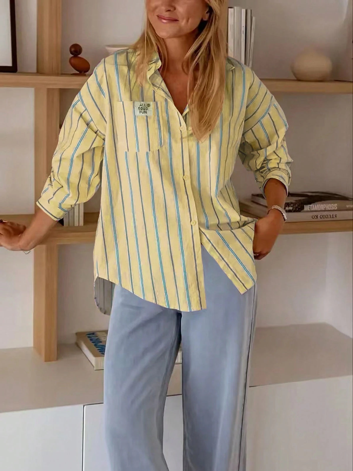 Women's Casual Striped Pocket Front Button Back Button Long Sleeve Shirt Spring Yellow
