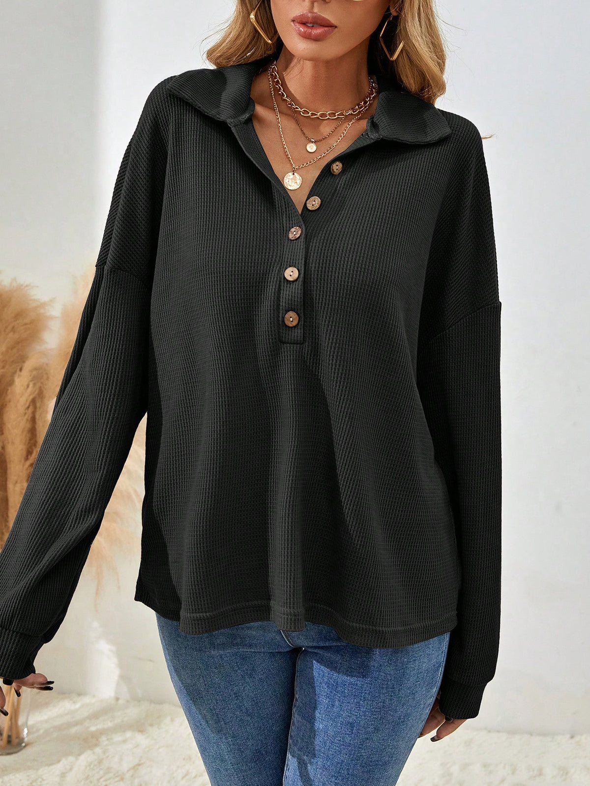 Women's Drop Shoulder V-Neck Half Button Tee Fall Cloth For Women