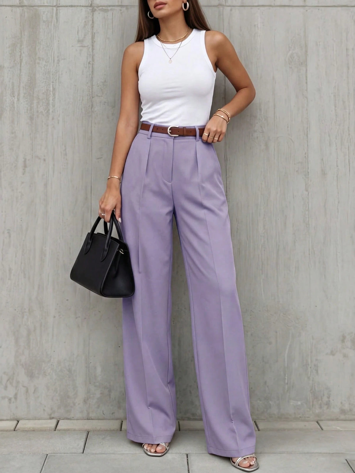 Women's Elegant High Waist Pleated Wide Leg Trousers Casual Office Commuting Drapey Suit Pants With Pockets