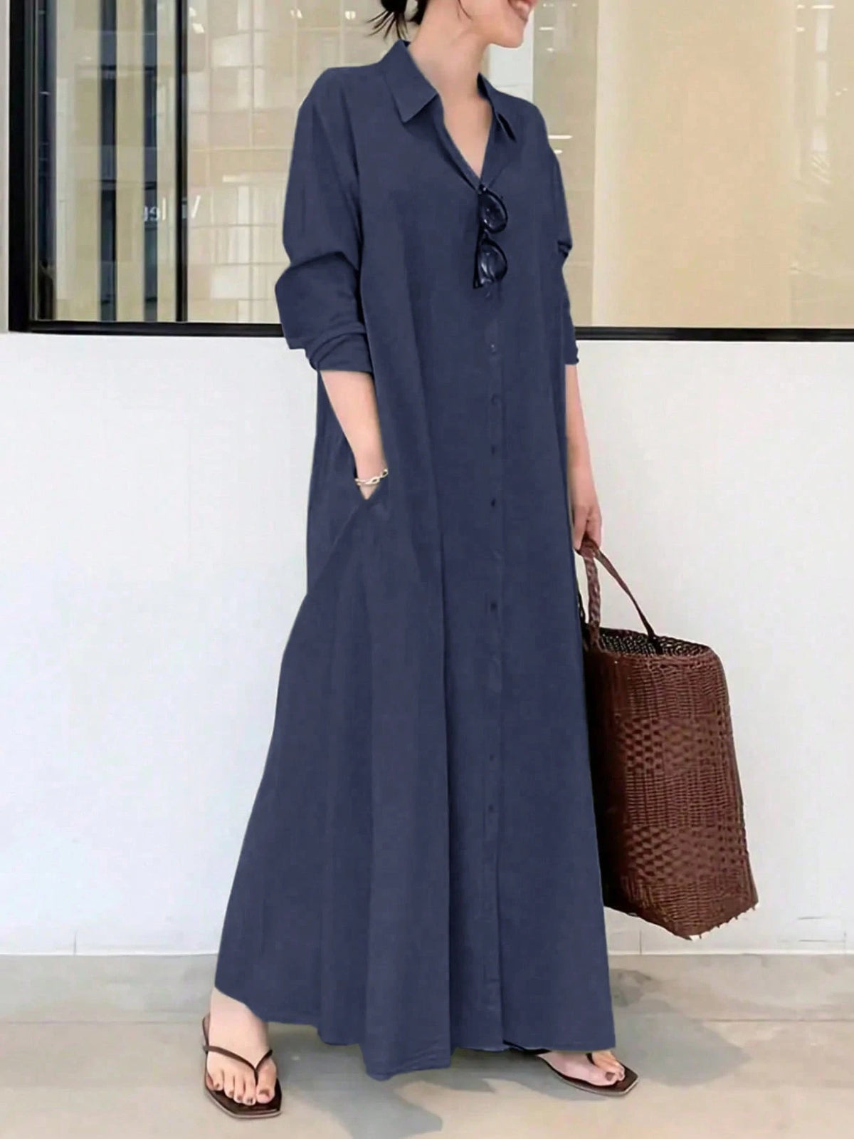 Women's Fashion Solid Color Long Sleeve Shirt Dress Casual Spring Elegant