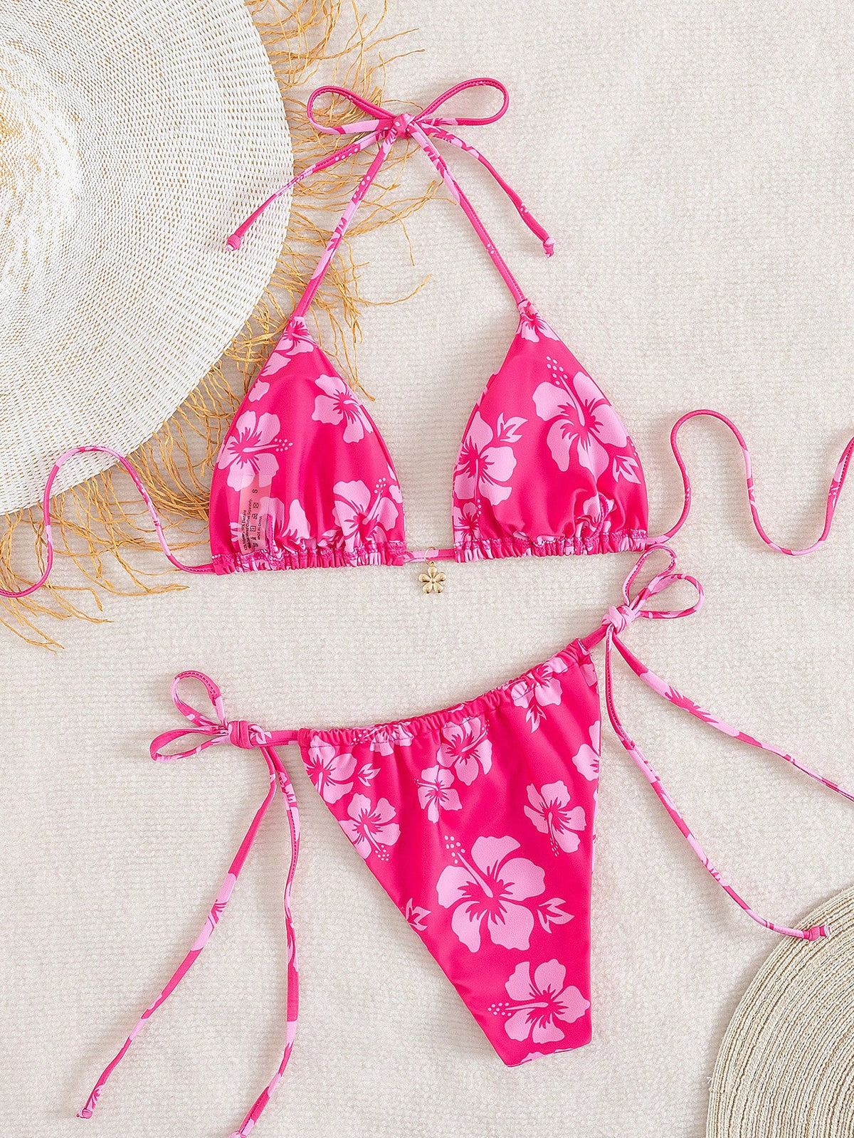 Women's Floral Print Sexy Halter Tie Bow Bikini Two-Piece Swimwear, Fashionable And Comfortable Swimwear Set, Suitable For Summer Vacation, Beach Leisure And Holiday Wear