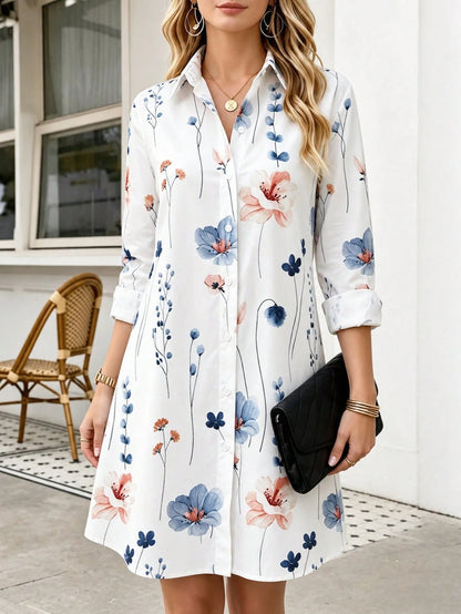 Women's Floral Print Shirt Dress Long Sleeve Button Front Casual Dress With Collar Spring Summer Vacation White