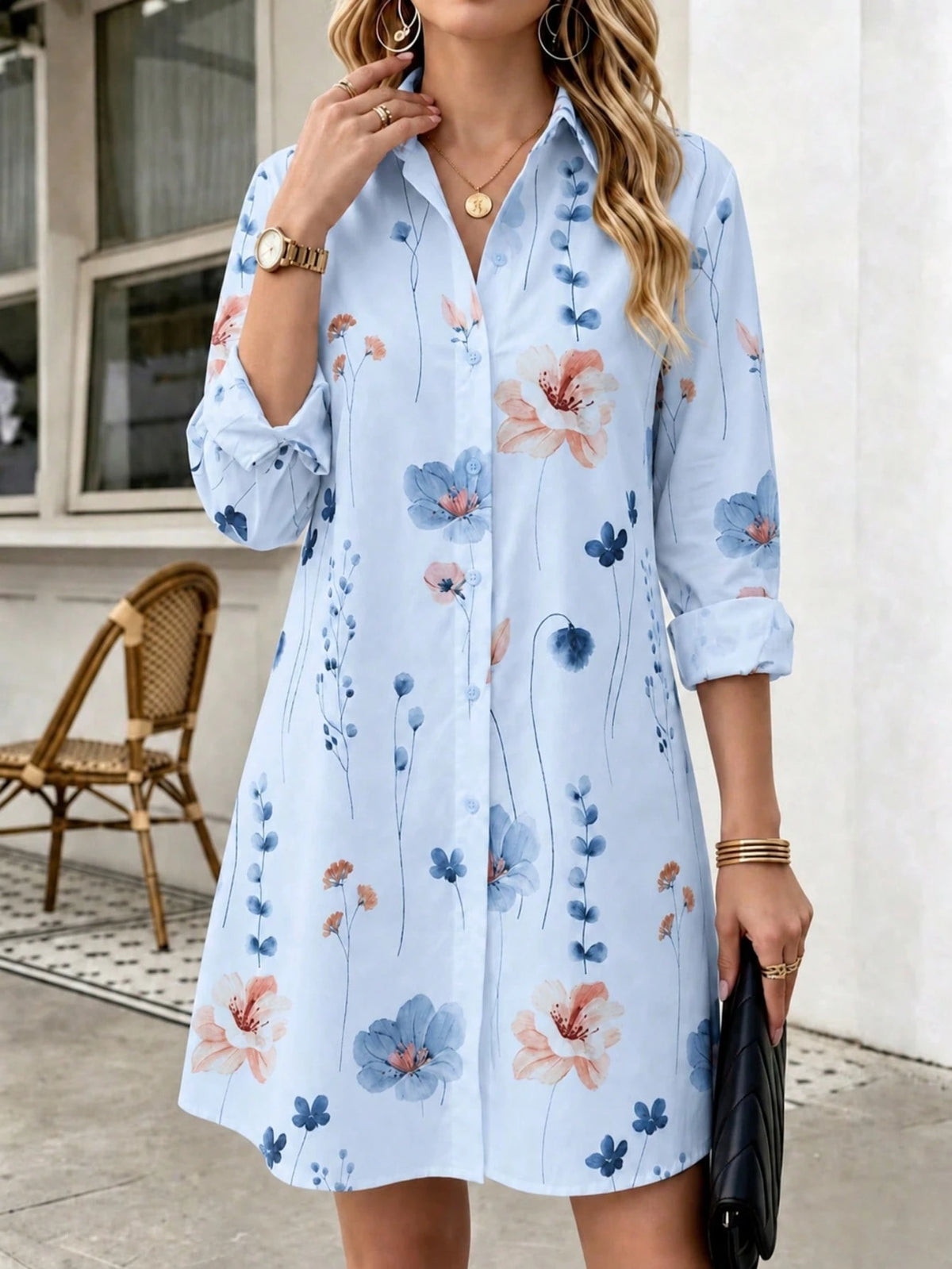 Women's Floral Print Shirt Dress Long Sleeve Button Front Casual Dress With Collar Spring Summer Vacation White