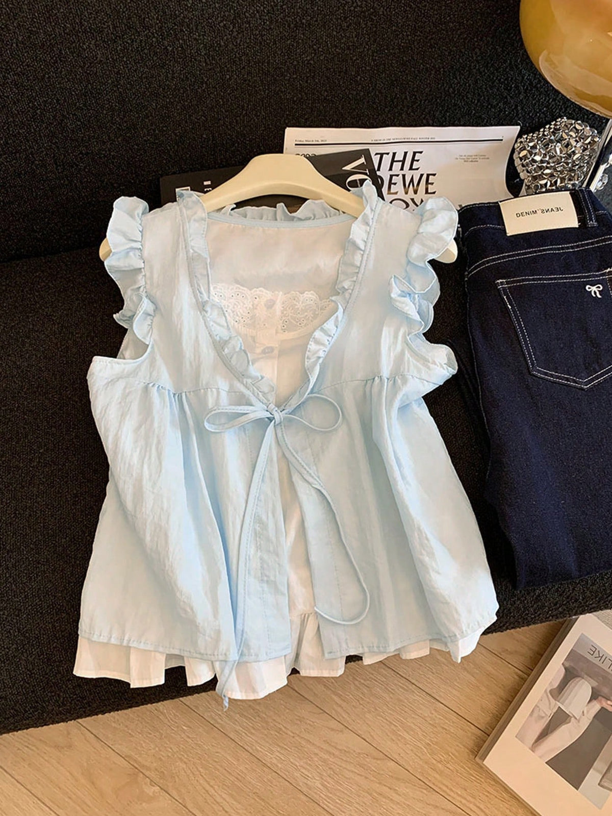Women's Frill Trim Front Tie Loose Sleeveless Blouse Summer