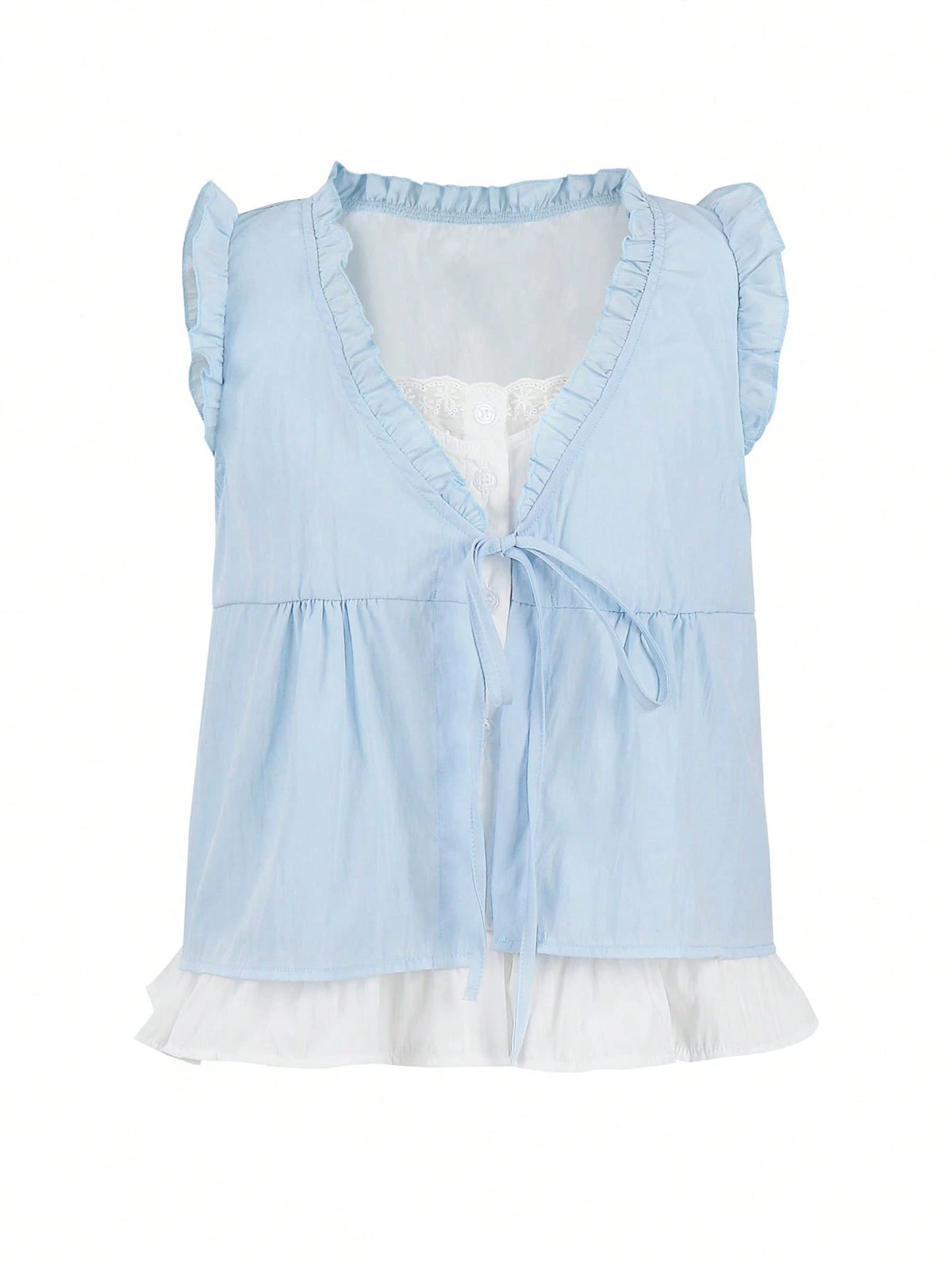 Women's Frill Trim Front Tie Loose Sleeveless Blouse Summer