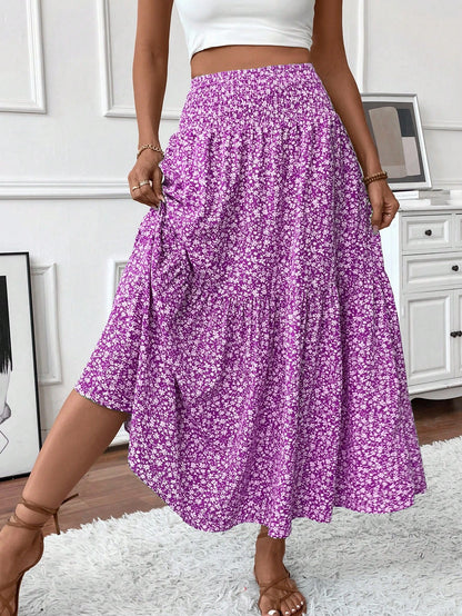 Women's Long Ditsy Floral Skirt, Casual Elastic Waist With Pockets, Ruffle Hem, A-Line Skirt For Summer Spring Vacation