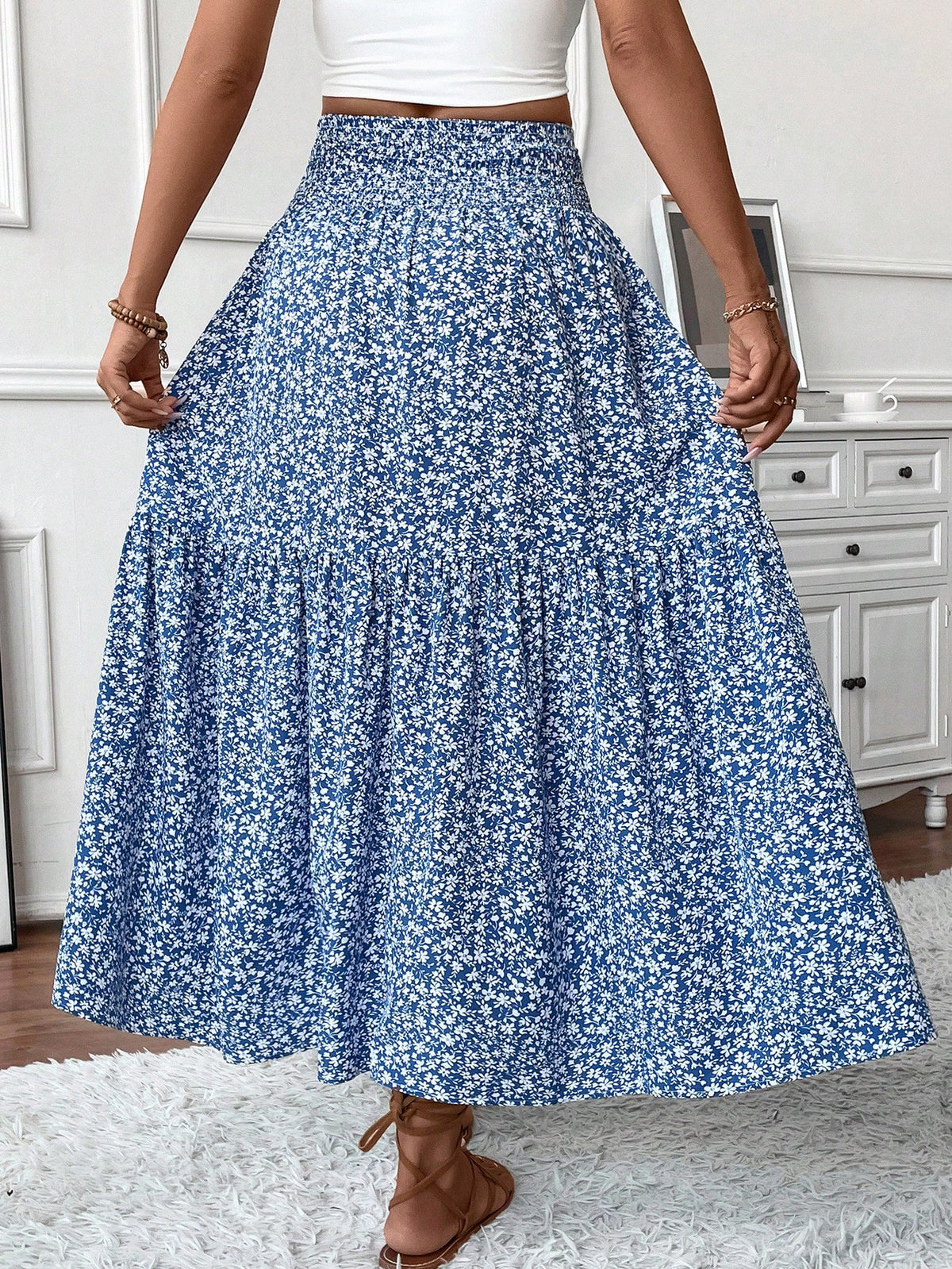 Women's Long Ditsy Floral Skirt, Casual Elastic Waist With Pockets, Ruffle Hem, A-Line Skirt For Summer Spring Vacation