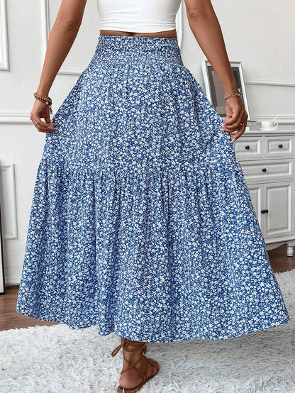 Women's Long Ditsy Floral Skirt, Casual Elastic Waist With Pockets, Ruffle Hem, A-Line Skirt For Summer Spring Vacation