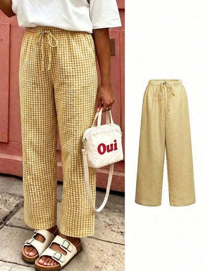Women's Plaid Wide Leg Pants, Bow Decor At Waist, Summer Bohemian Style Long Pants Yellow