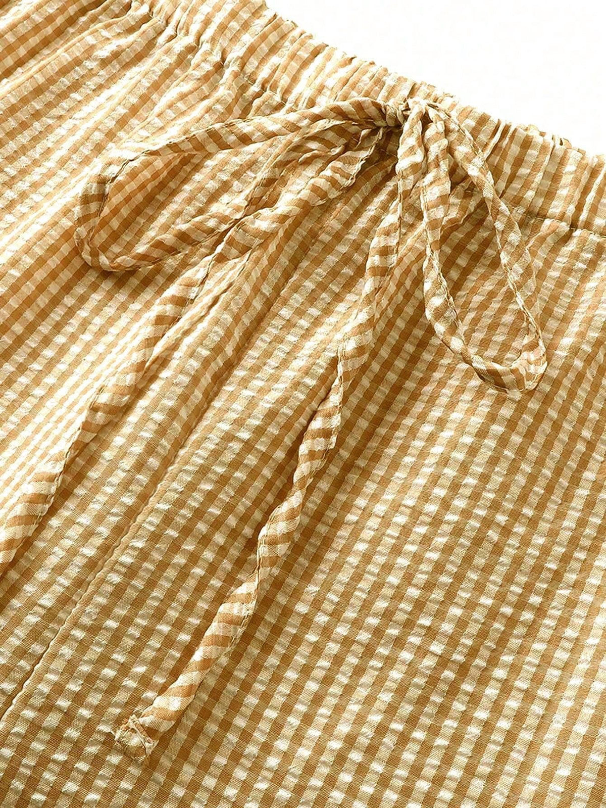 Women's Plaid Wide Leg Pants, Bow Decor At Waist, Summer Bohemian Style Long Pants Yellow