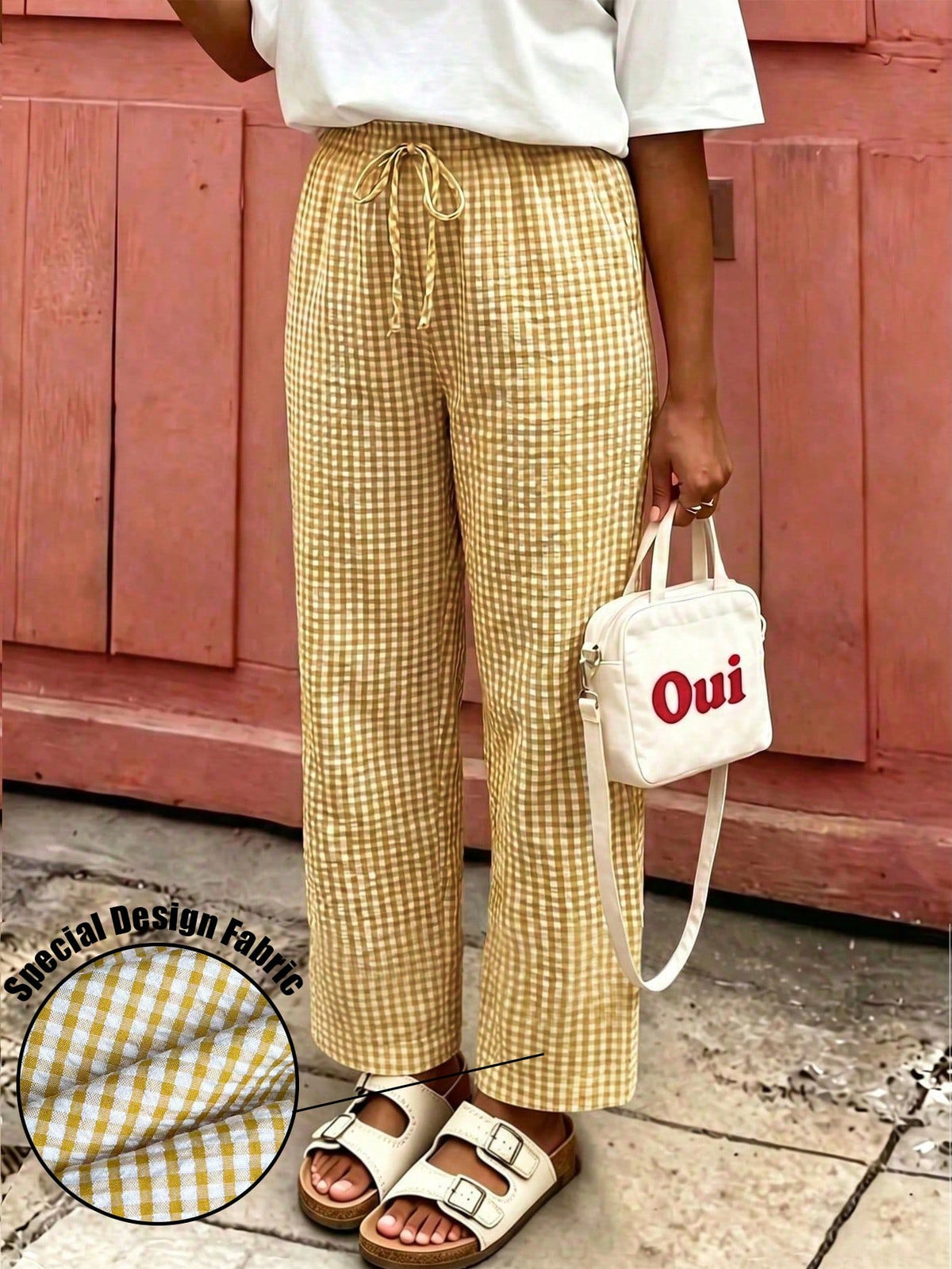 Women's Plaid Wide Leg Pants, Bow Decor At Waist, Summer Bohemian Style Long Pants Yellow