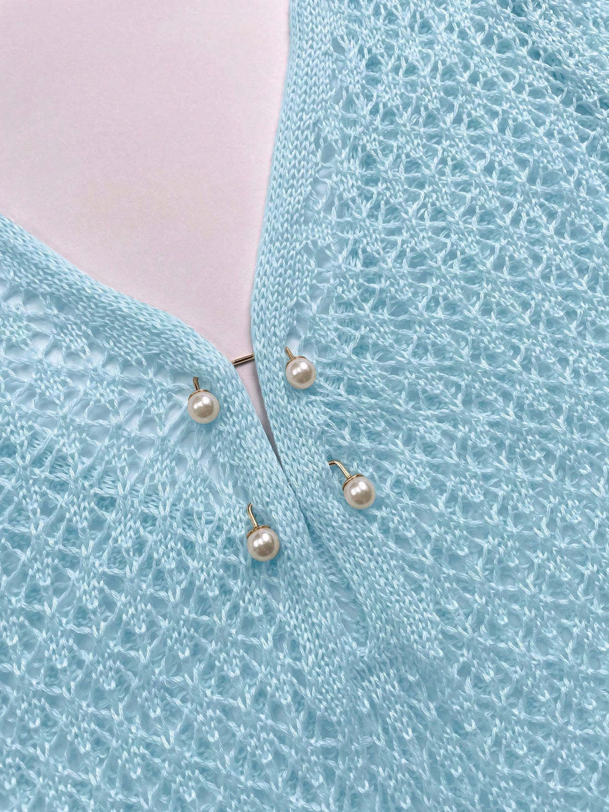Women's Plus Size Long Sleeve Hollow Crochet Cover-Up, Elegant Bohemian Beach Vacation Style, Pearl Button Sexy V-Neck White Mini Dress, Summer Holiday