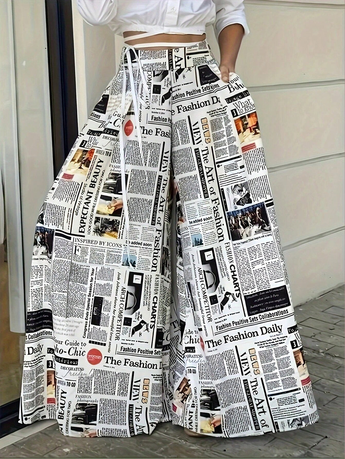 Women's Random Print Minimalist High Waisted Casual Pants, Elegant For Summer And Spring White