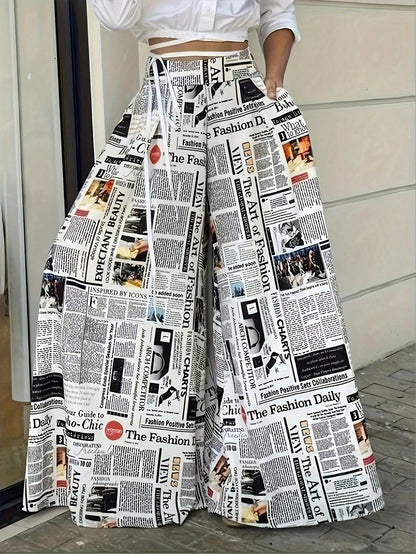 Women's Random Print Minimalist High Waisted Casual Pants, Elegant For Summer And Spring White