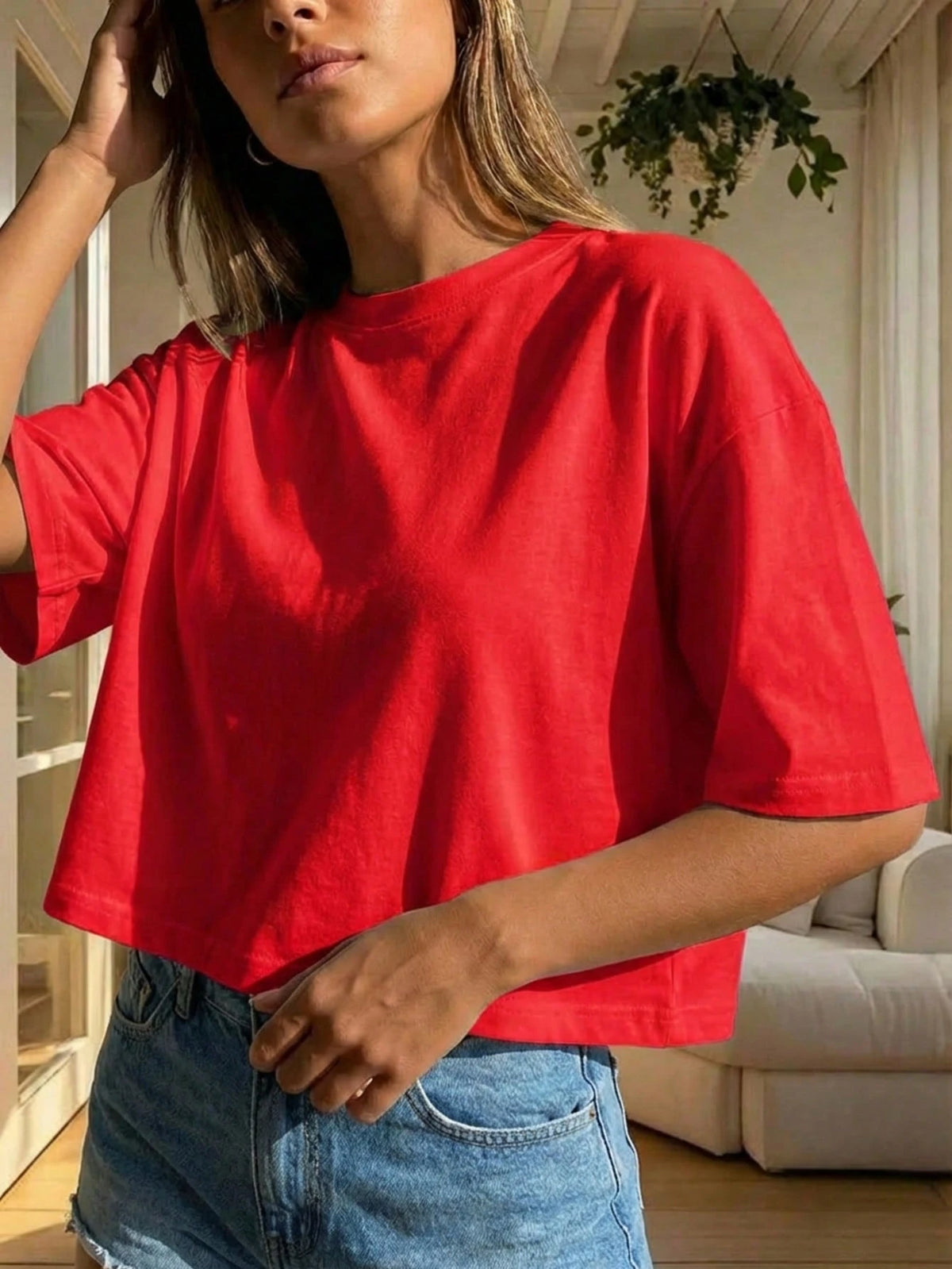 Women's Round Neck Short Sleeve Loose Casual Top, Minimalist Elegant Sexy Street Y2K Style Red Summer