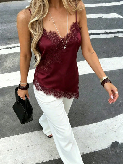 Women's Soft Satin V-Neck Asymmetrical Lace Trim Hem Fitted Camisole Top, Semi-Sheer Eyelash Lace Design Summer Casual Vacation