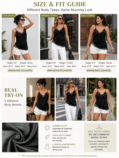 Women's Soft Satin V-Neck Asymmetrical Lace Trim Hem Fitted Camisole Top, Semi-Sheer Eyelash Lace Design Summer Casual Vacation