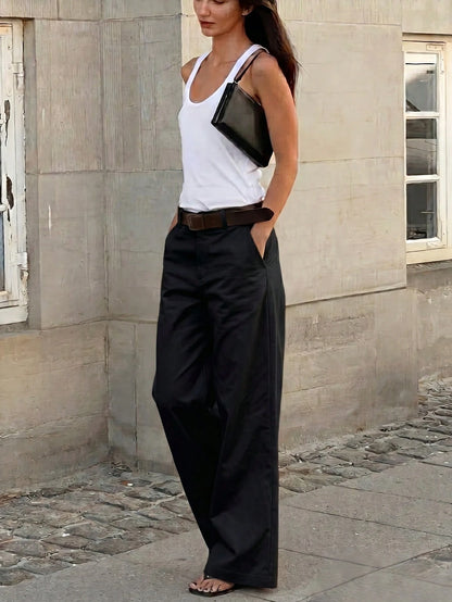 Women's Solid Color All-Season Wide Leg Casual Pants With Pockets, Summer Long Pants For Back To School And Party Black