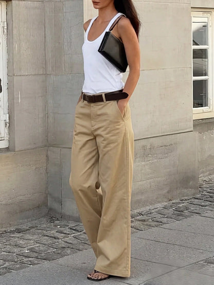 Women's Solid Color All-Season Wide Leg Casual Pants With Pockets, Summer Long Pants For Back To School And Party Black