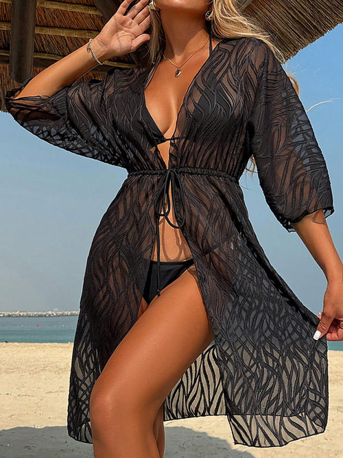 Women's Solid Color Jacquard Off-Shoulder Long Sleeve Beach Cover-Up With Waist Tie Vacation Black Summer, Vacationcore