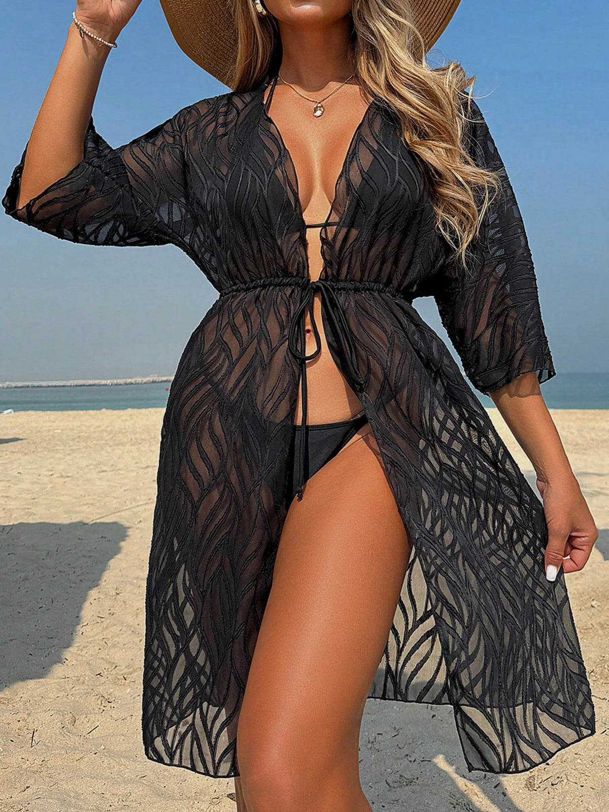 Women's Solid Color Jacquard Off-Shoulder Long Sleeve Beach Cover-Up With Waist Tie Vacation Black Summer, Vacationcore
