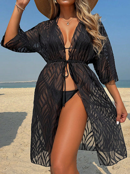 Women's Solid Color Jacquard Off-Shoulder Long Sleeve Beach Cover-Up With Waist Tie Vacation Black Summer, Vacationcore