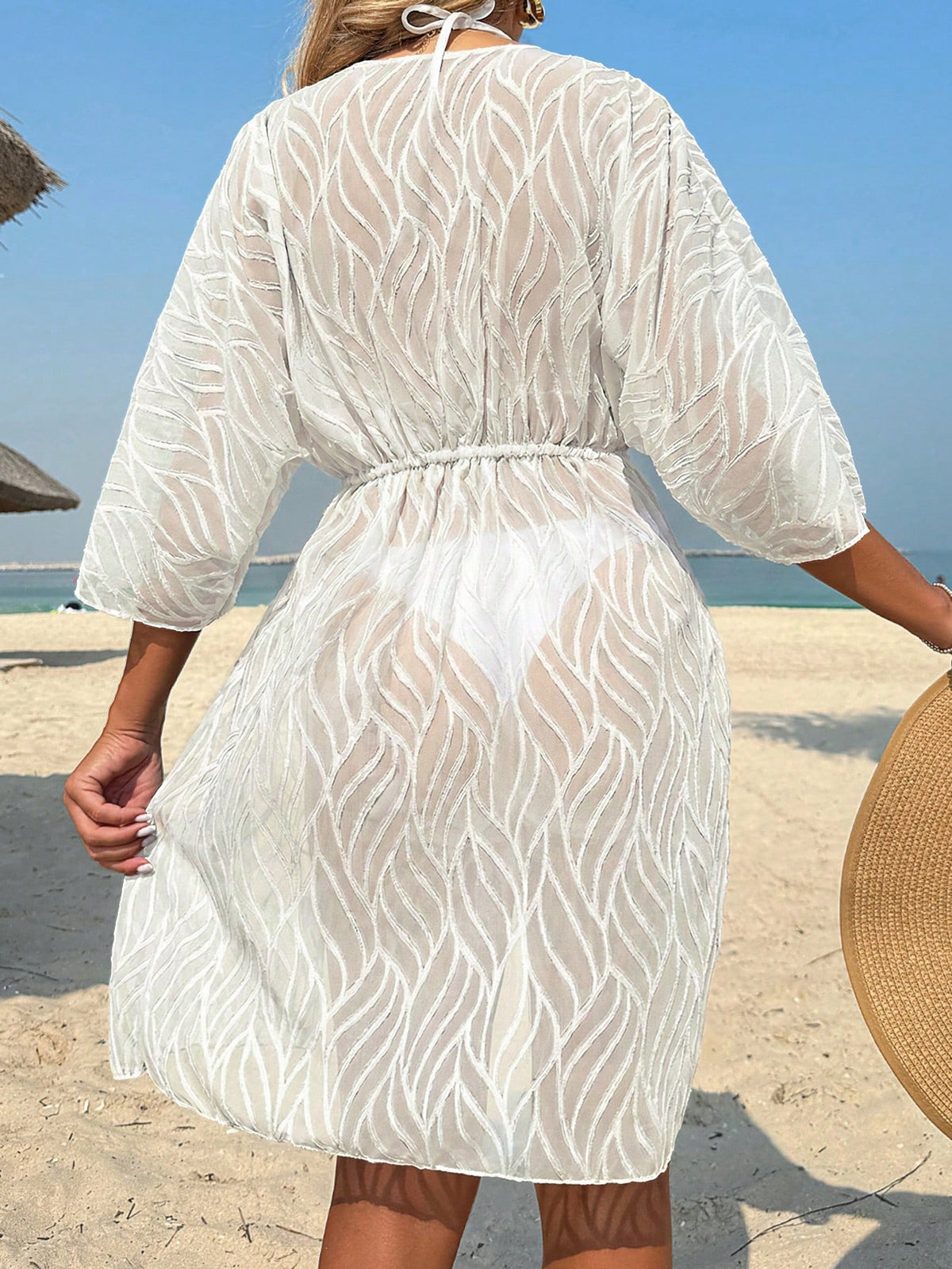Women's Solid Color Jacquard Off-Shoulder Long Sleeve Beach Cover-Up With Waist Tie Vacation Black Summer, Vacationcore