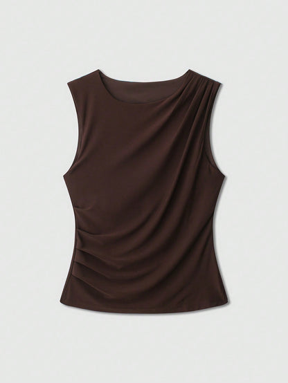 Women's Solid Color Round Neck Casual Draped Tank Top Summer Brown