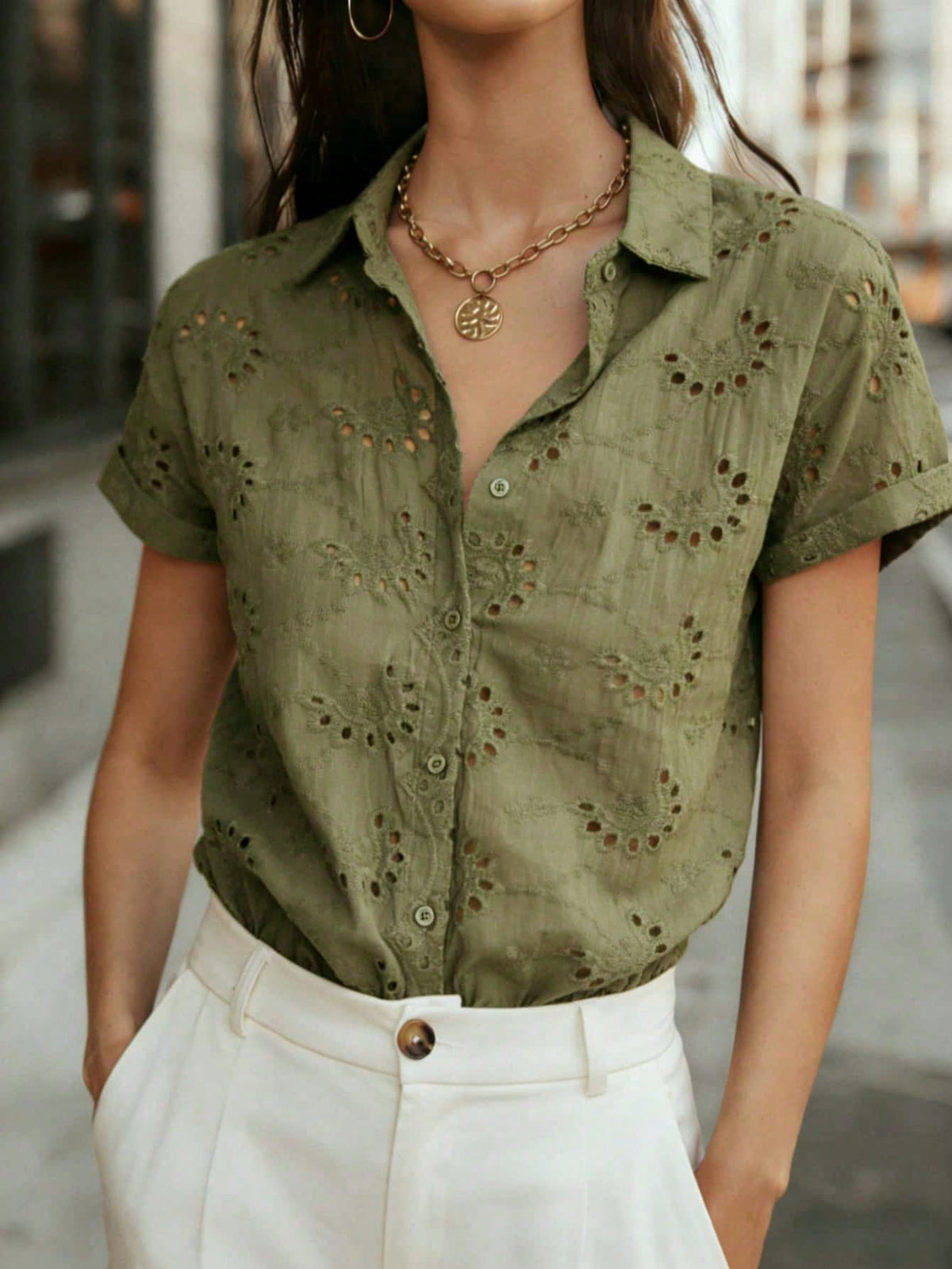 Women's Solid Color Sheer Mesh Blouse, Lightweight Short Sleeve Button Neckline Top, Office Casual Shirt, Suitable For Spring, Summer, Autumn
