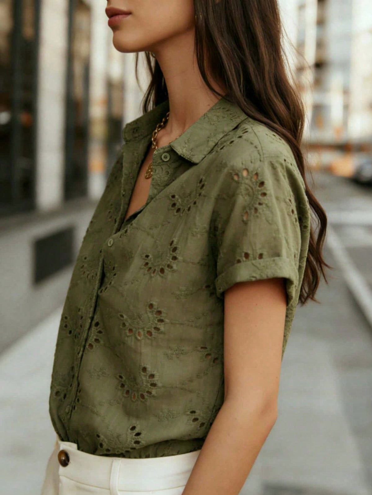 Women's Solid Color Sheer Mesh Blouse, Lightweight Short Sleeve Button Neckline Top, Office Casual Shirt, Suitable For Spring, Summer, Autumn