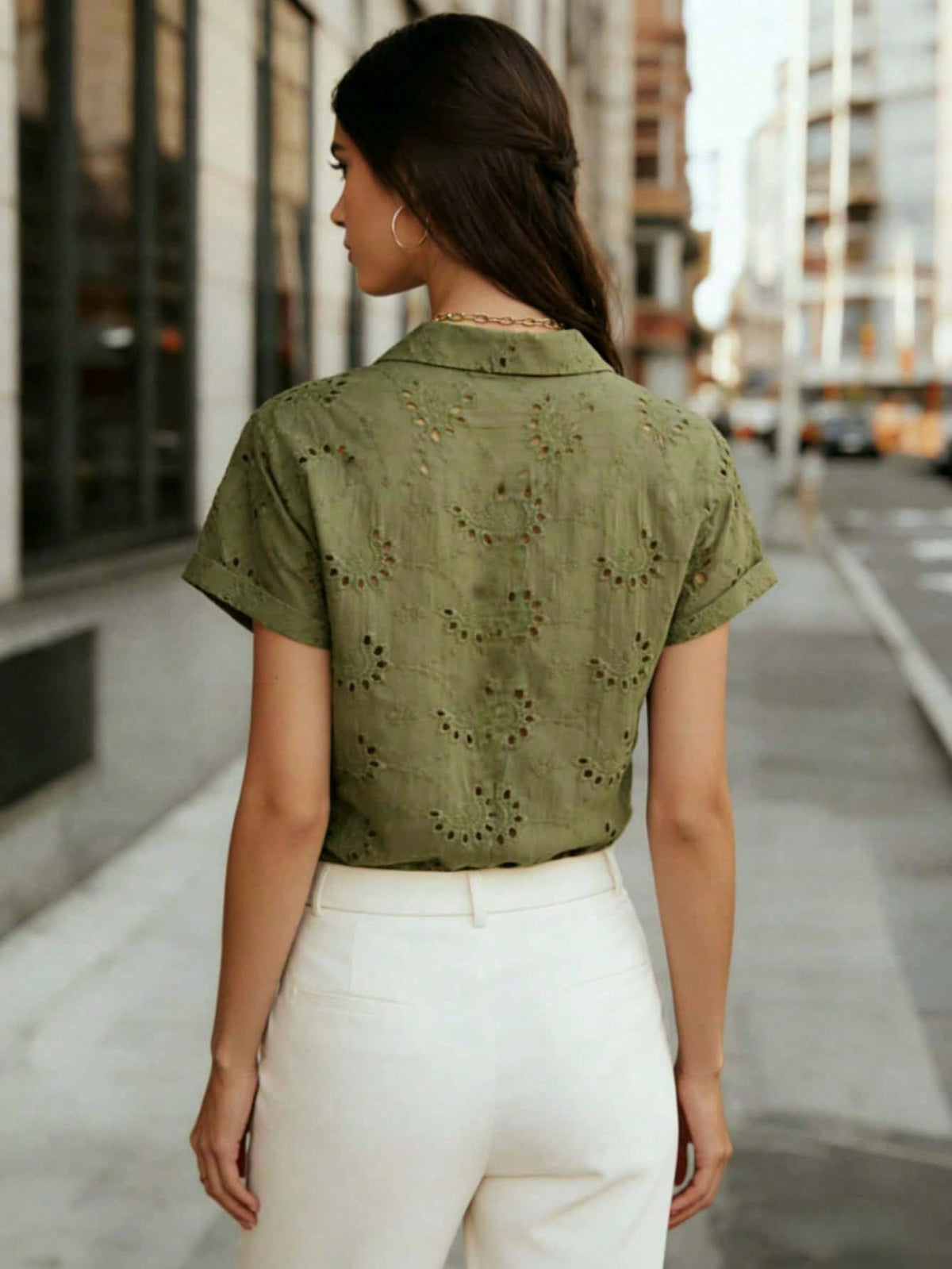 Women's Solid Color Sheer Mesh Blouse, Lightweight Short Sleeve Button Neckline Top, Office Casual Shirt, Suitable For Spring, Summer, Autumn