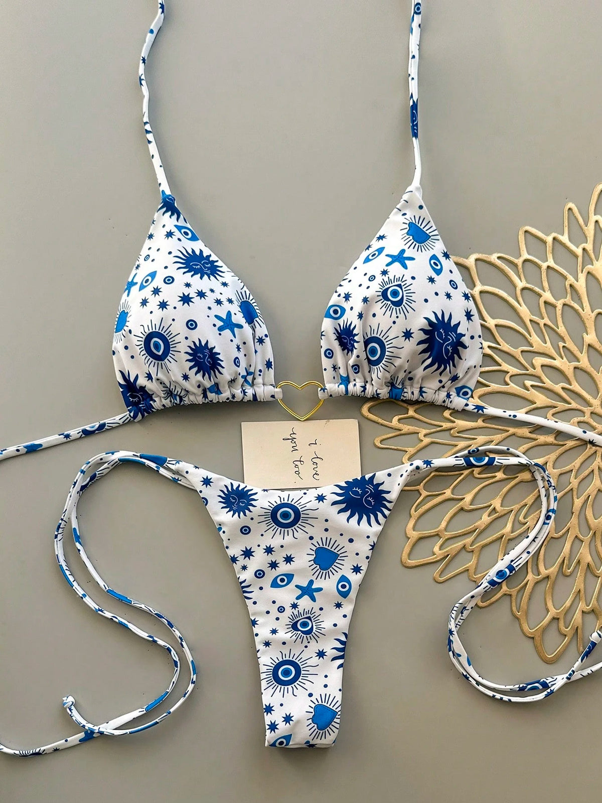 Women's Summer Beach Vacation Heart Metal Ring Decor Backless Tie Front Printed Bikini Set