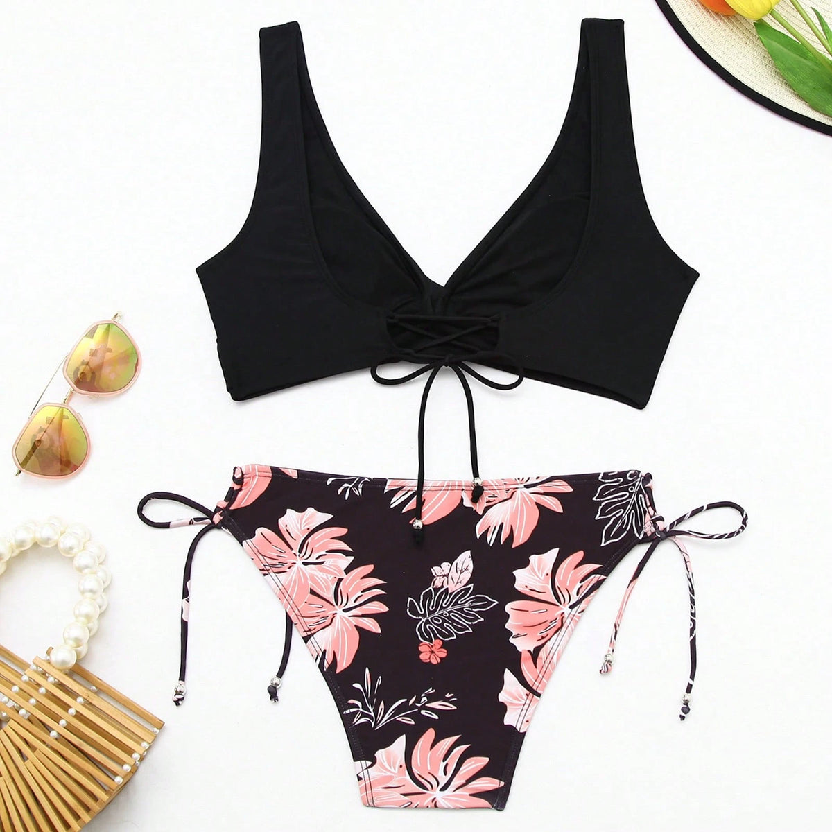 Women's Summer Bikini Set Solid Color V-Neck Tank Tops With Lemon Print Low Waist Thong 2 Pcs Swimsuit