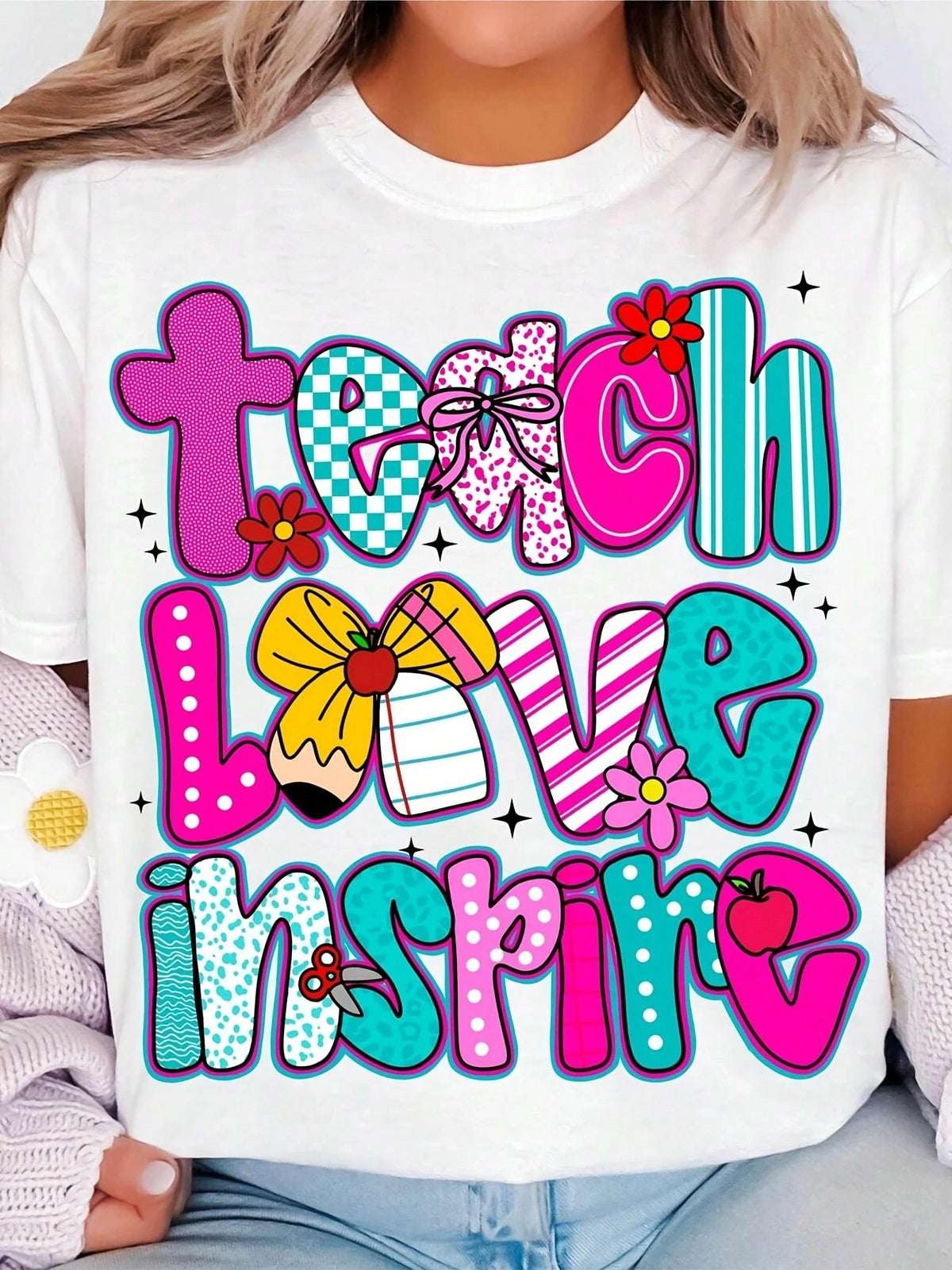 Women's Teacher T-Shirt- Teach Love Inspire Graphic Tee- Soft Breathable Cotton Shirt- Teacher Apparel With Pink,- Educator Gift For Women- Lightweight Everyday Outfit- Teacher Appreciation Pres