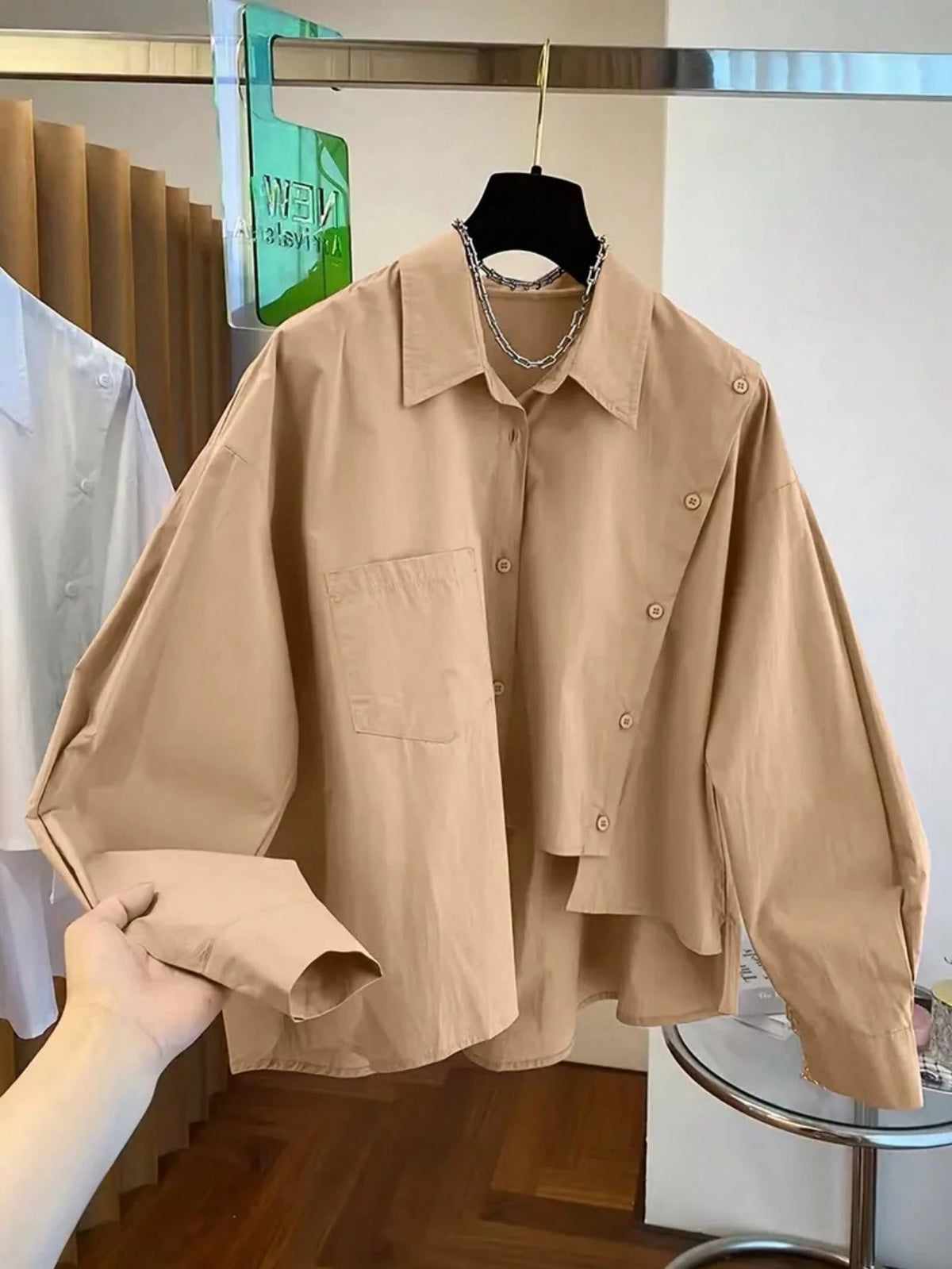 Women's Unique Asymmetric Hem Black Shirt, Spring/Summer/Autumn/Winter, Solid Color Button Pocket, Elegant Simple Casual, Commute Vacation Daily Wear