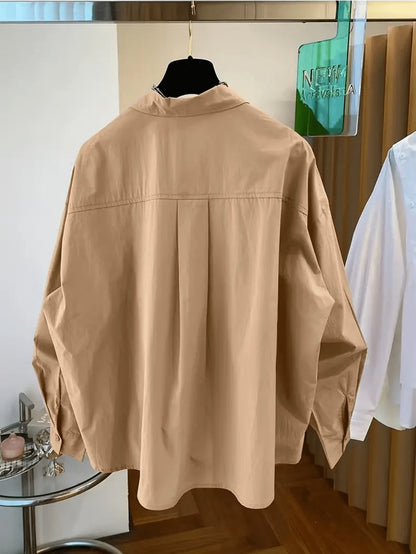 Women's Unique Asymmetric Hem Black Shirt, Spring/Summer/Autumn/Winter, Solid Color Button Pocket, Elegant Simple Casual, Commute Vacation Daily Wear