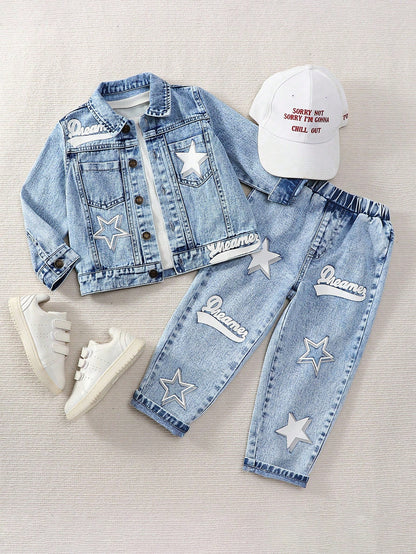 Young Boys Letter & Star Print Denim Long Sleeve Top & Tapered Pants Set,Casual Fashion Summer Career Day Outfit,Washed Blue Denim Comfortable Fabric