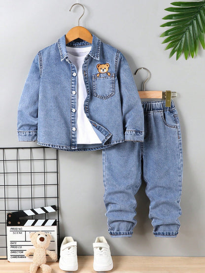 Young Boys Letter & Star Print Denim Long Sleeve Top & Tapered Pants Set,Casual Fashion Summer Career Day Outfit,Washed Blue Denim Comfortable Fabric
