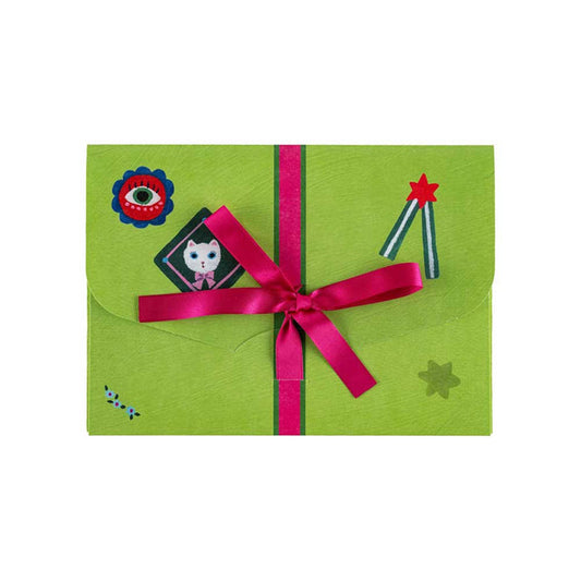 Green envelope with pink ribbon and Yumi Kitagishi design on white background